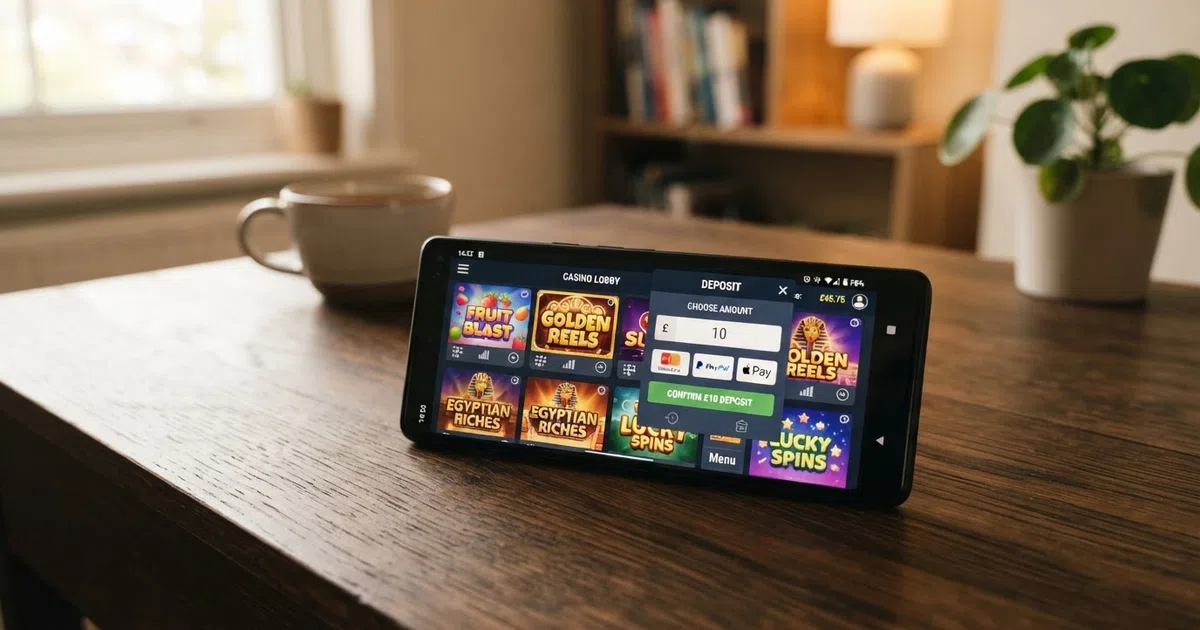 A smartphone screen showing a UK online casino lobby with the deposit screen open, the amount field set to £10, and a selection of slot thumbnails visible behind it