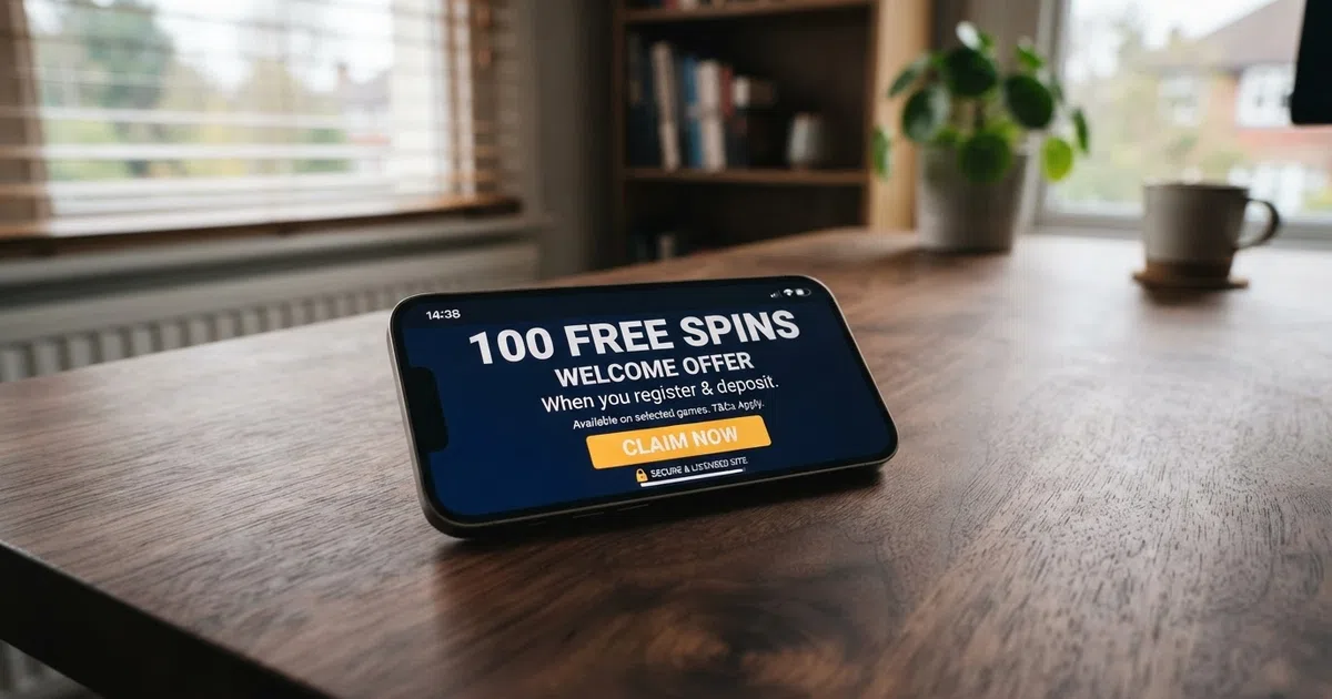 A smartphone screen displaying a UK online casino free-spins welcome offer with a claim button and a padlock icon signalling a secure licensed site