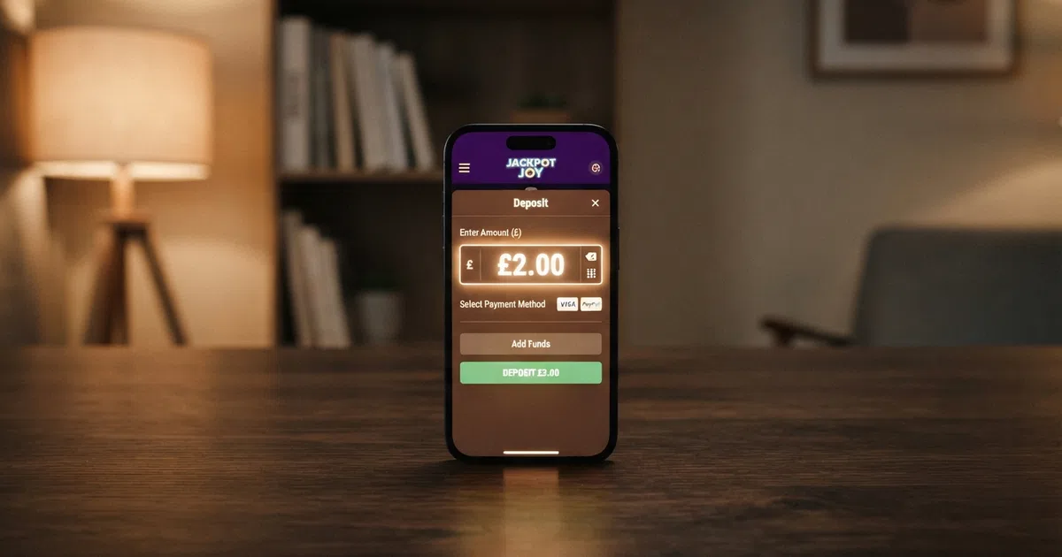 A smartphone screen showing a UK online casino game lobby with a deposit panel open and the amount set to £2.00