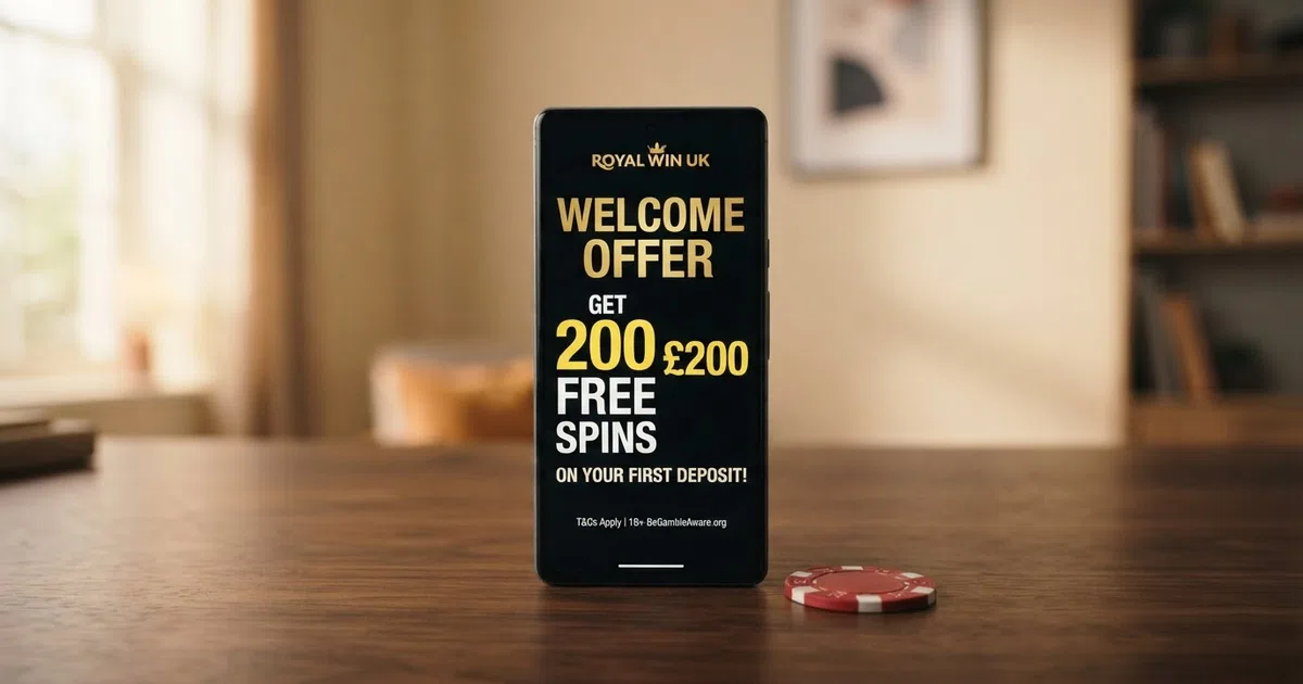 A smartphone screen displaying a UK online casino welcome-offer page with a 200-free-spins promotion banner