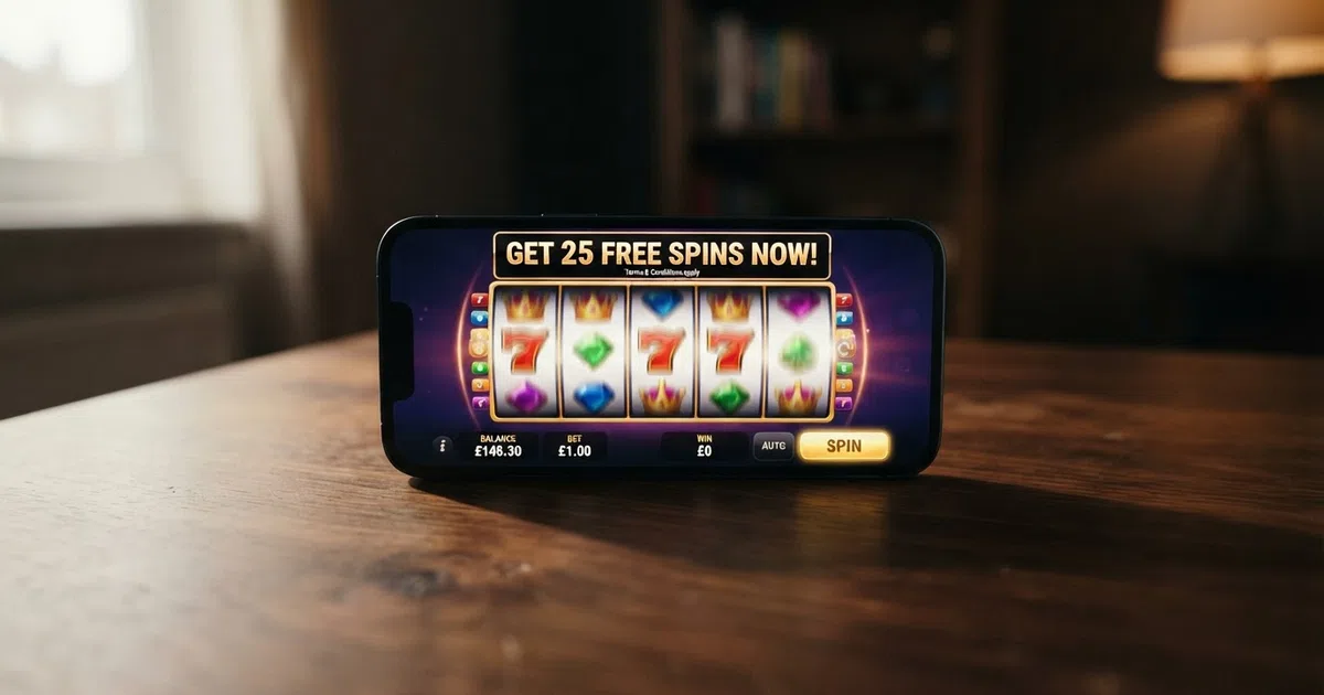A smartphone screen displaying a UK online casino slot game with a “25 Free Spins” promotional banner and a terms-and-conditions link visible beneath it