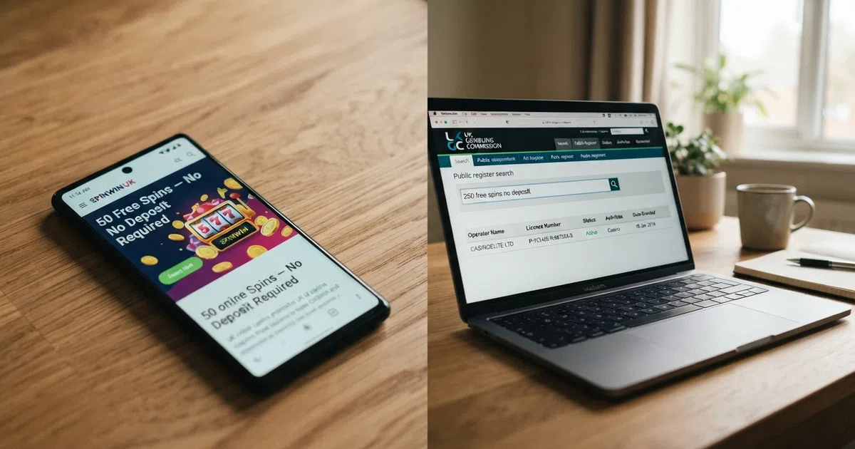 A split-screen composition: on the left, a smartphone displaying a UK online casino free-spins promotional banner with “50 Free Spins — No Deposit Required” text visible on screen; on the right, a laptop showing the UK Gambling Commission public register search page with an operator's licence status displayed as “Active,” and a search bar reading “250 free spins no deposit” visible below.