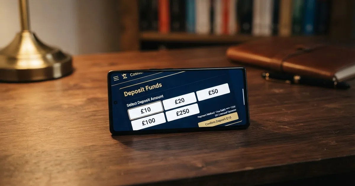A smartphone displaying a UK online casino cashier screen with several deposit amount options, the lowest being £10