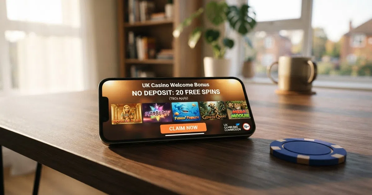 A UK online casino welcome screen displaying a free spins bonus offer alongside slot game thumbnails and a prominent claim button