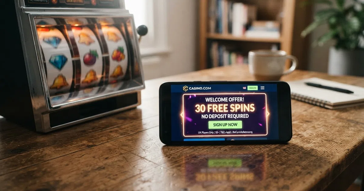 A smartphone screen showing a UK online casino registration page with a “30 Free Spins No Deposit Required” promotional banner, alongside a slot game reel displaying colourful symbols and a spin button