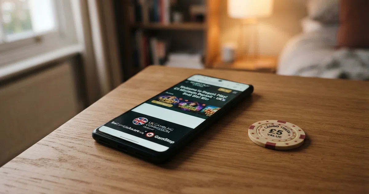 A smartphone displaying a UK online casino homepage beside a UK £5 banknote and a debit card, with the Gambling Commission logo visible on the casino screen footer.