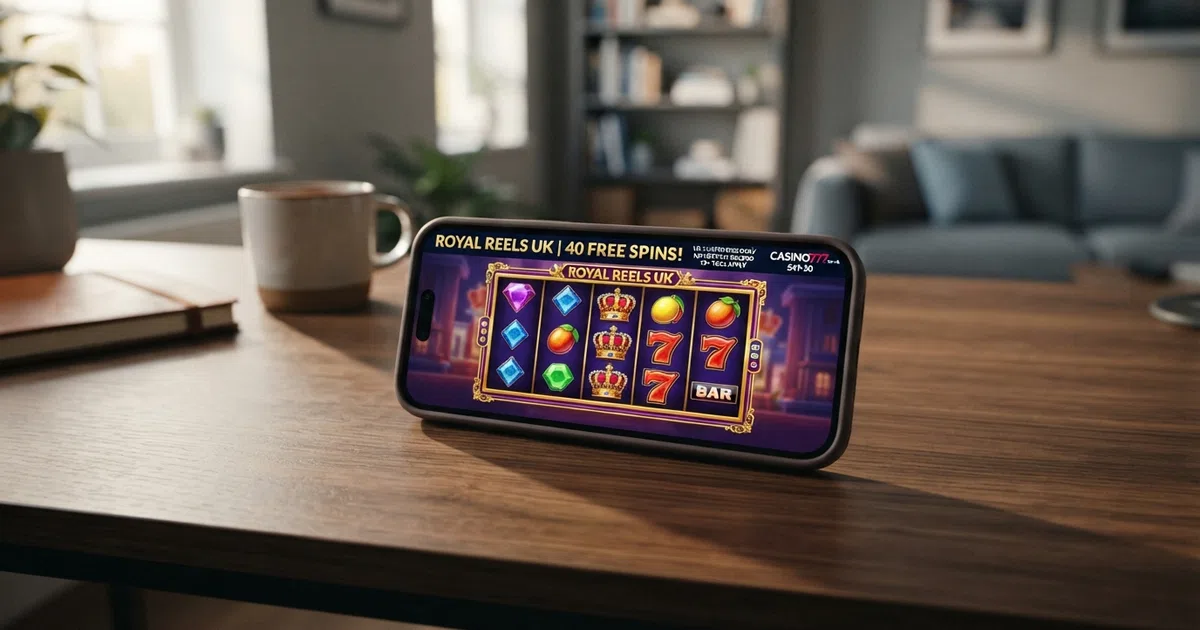 A smartphone displaying a UK online casino slot game beside a promotional badge reading "40 Free Spins No Deposit"