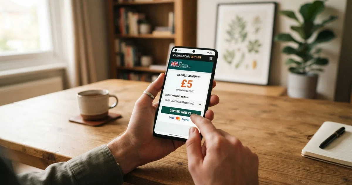 A smartphone displaying a UK online casino registration screen with a £5 deposit amount highlighted, set against a clean desk background