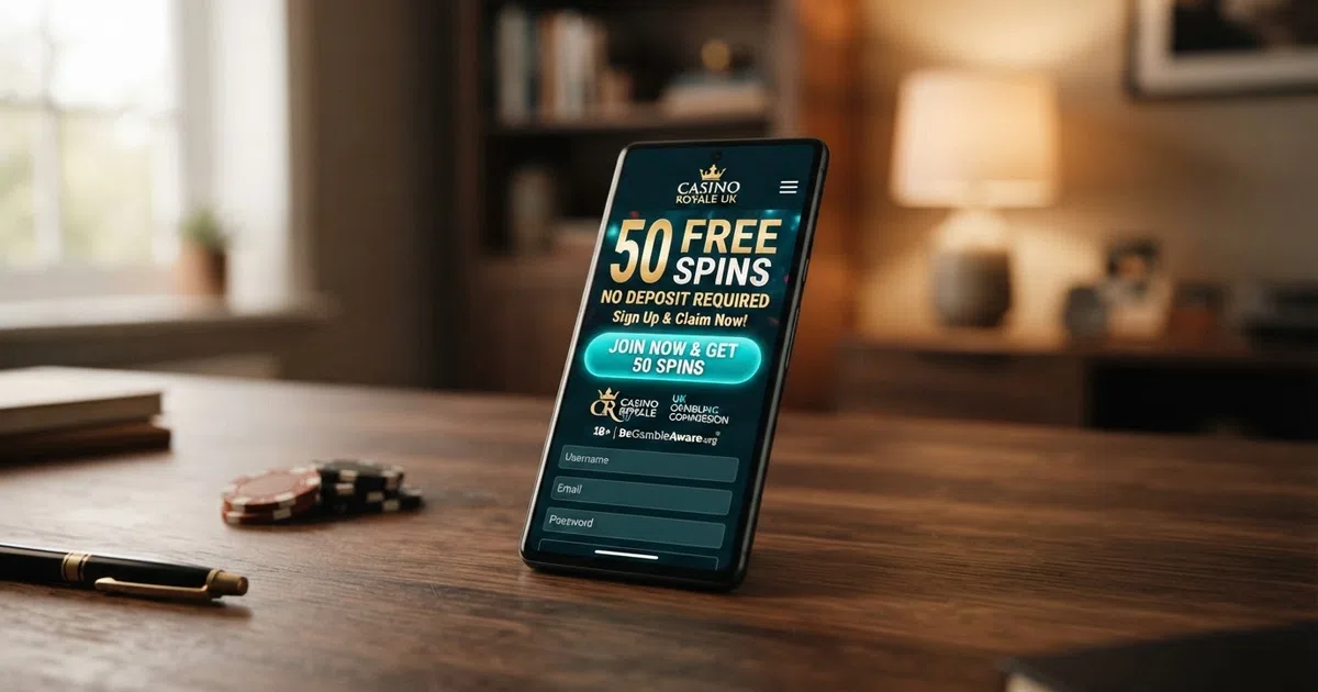 A smartphone screen displaying a UK online casino registration page with a “50 Free Spins No Deposit” welcome banner and a prominent sign-up button