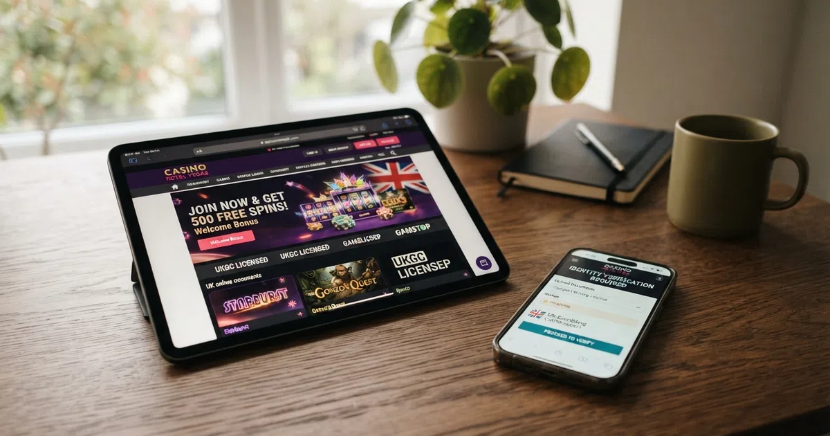 A grid of UKGC-licensed casino homepages displayed across desktop and mobile screens, with free spins welcome offers visible on each