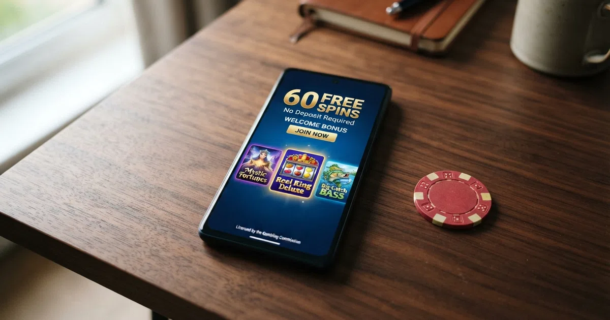 A smartphone displaying a UK-licensed casino free-spins welcome screen, with a “60 Free Spins — No Deposit Required” banner visible above a row of slot game thumbnails including Starburst and Book of Dead