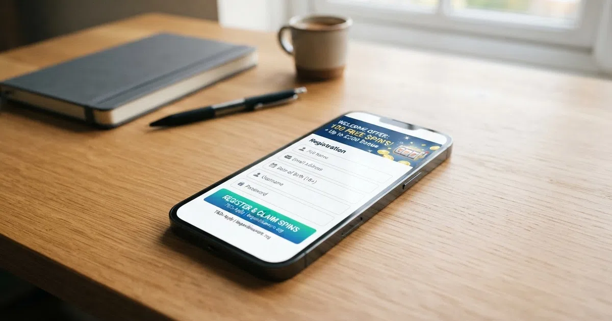 A smartphone displaying a UK online casino registration screen with a free-spins welcome-offer banner visible, set against a clean desk background