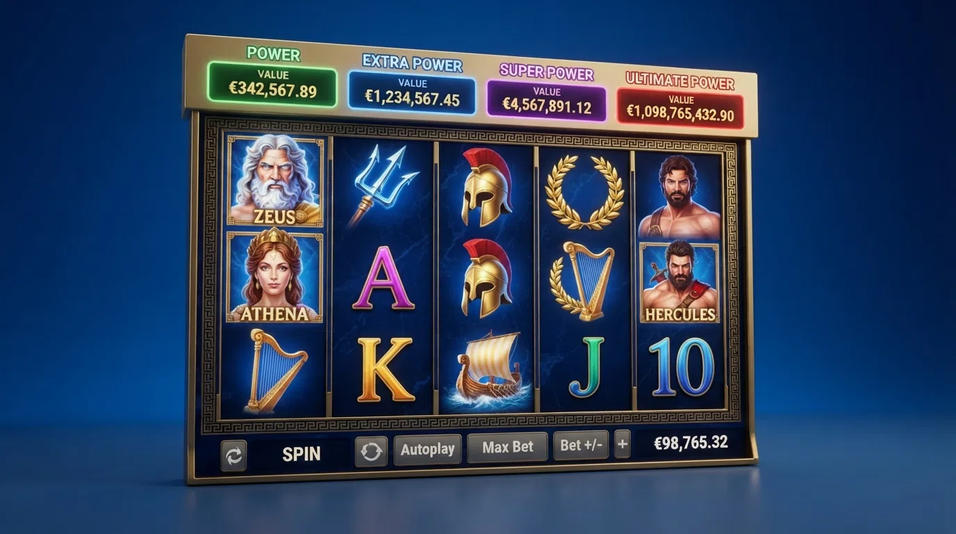 The Age of the Gods slot reel set showing the four-tier progressive jackpot meters above the reels, with the game's Greek-mythology themed symbols in frame