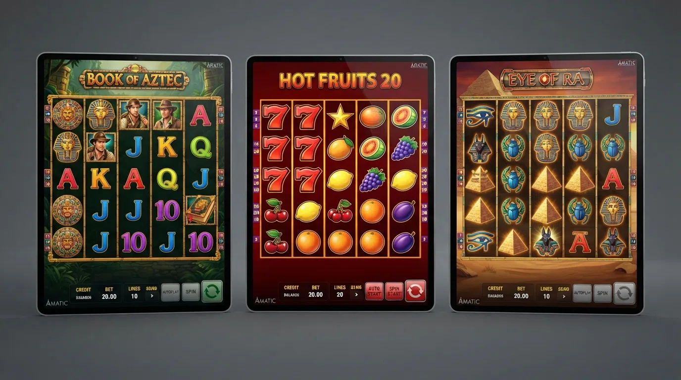 A split-screen view of three popular Amatic slot game screens — Book of Aztec, All Ways Fruits and Eye of Ra — showing their reel layouts, symbol sets and payline structures side by side