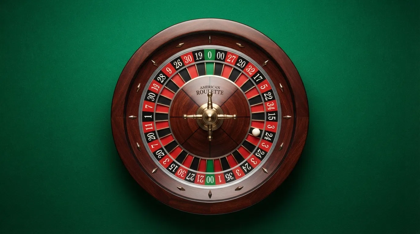 A top-down view of the full 38-pocket American roulette wheel with the number sequence labelled, showing the 0 and 00 opposite each other and the alternating red-and-black numbering pattern