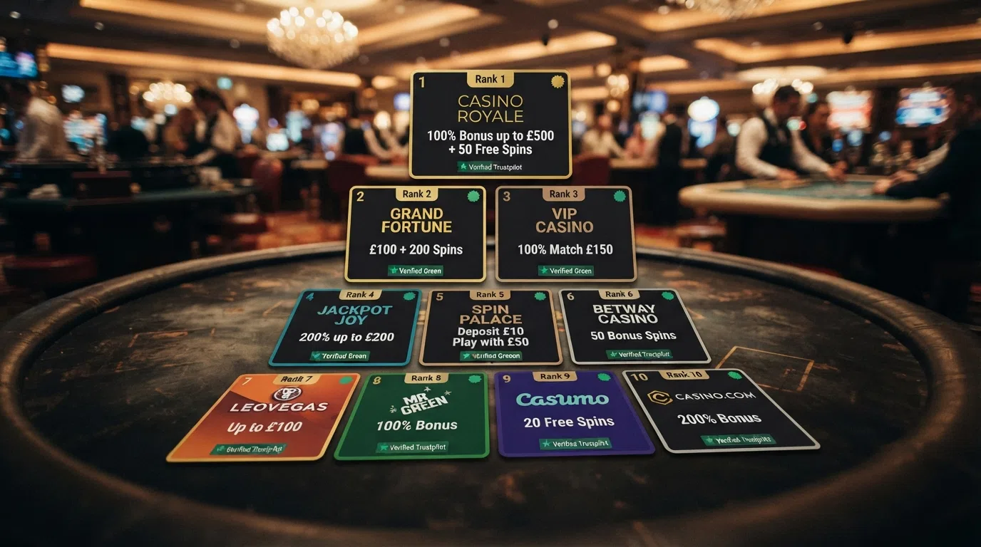 Grid of ten casino brand cards arranged in ranked order, each showing its welcome-bonus headline and a green verified or amber unverified licence-status badge