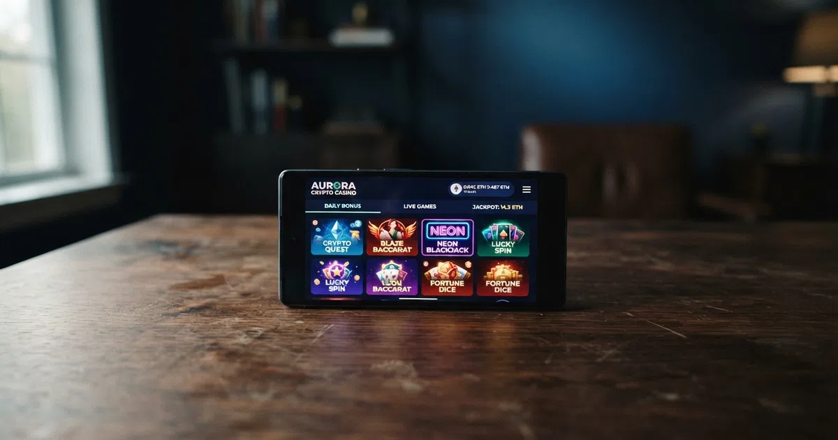 A laptop screen showing a crypto casino lobby with a connected wallet icon and no identity-verification prompt visible, set against a dark privacy-themed background