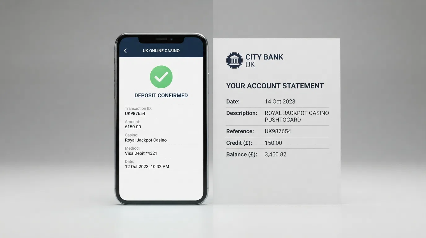 A split-screen visual: the left side showing an Apple Pay deposit confirmation on an iPhone, the right side showing a bank statement entry for a casino withdrawal routed via Visa Direct