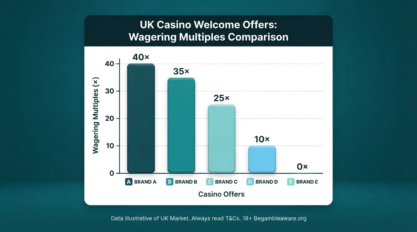 A side-by-side comparison of ten casino welcome offers with the wagering figures highlighted
