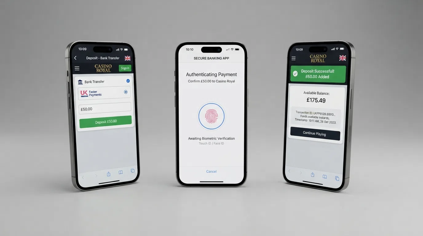 A three-step diagram showing the bank transfer deposit journey: casino cashier selection, bank-app authentication screen, and casino balance updated with the deposited amount and a timestamp showing near-instant arrival