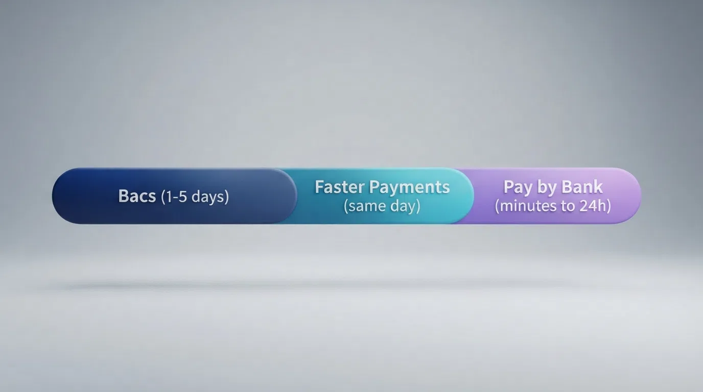 A visual timeline comparing traditional Bacs withdrawal (1-5 working days), Faster Payments (same day) and open banking / Pay by Bank (minutes to 24 hours)
