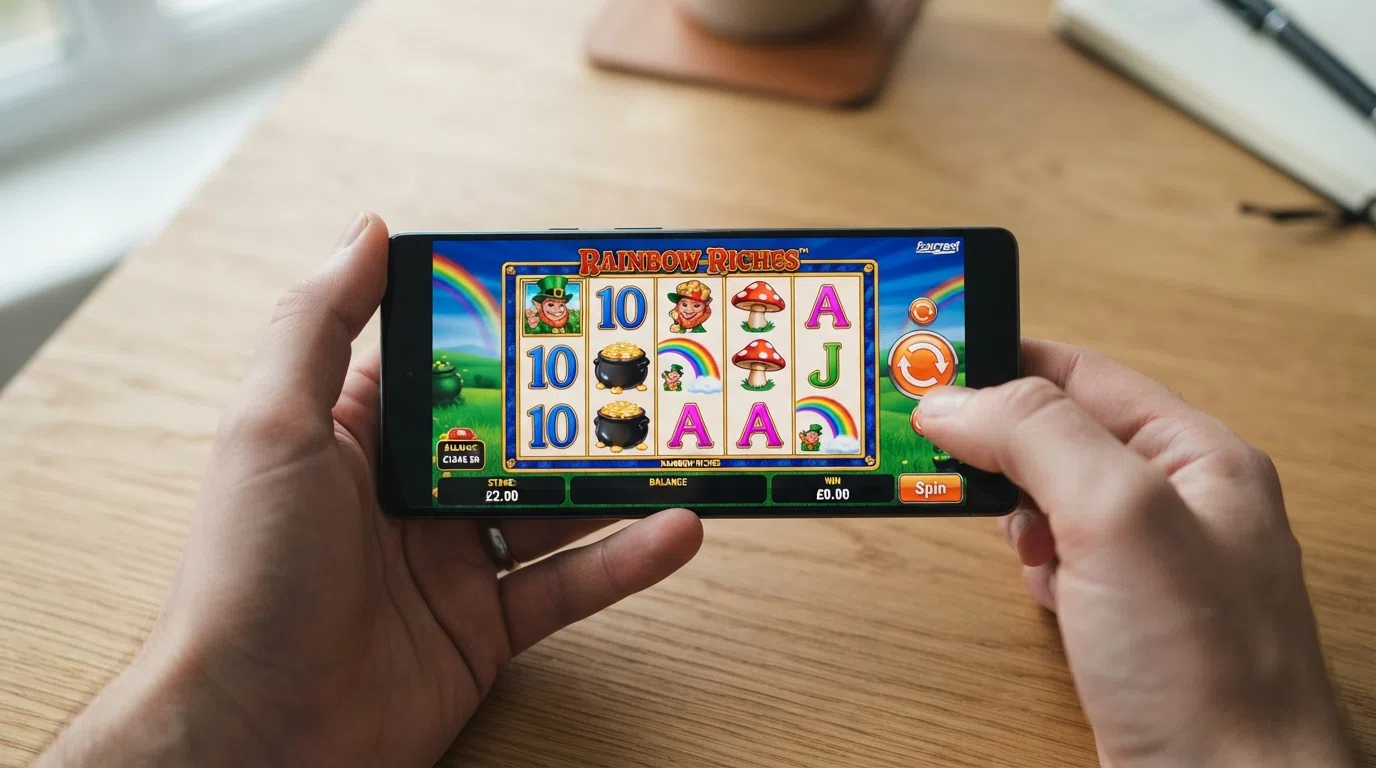 A Barcrest slot running full-screen on a smartphone held in landscape orientation, with the spin button and stake selector clearly visible against the game reels