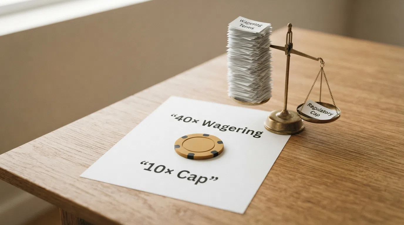 A scale weighing a Bitcoin Cash coin against a tall stack of wagering-requirement paperwork