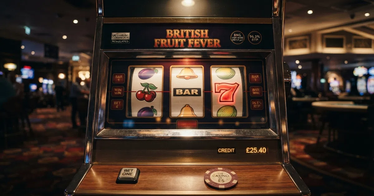 A row of three illuminated slot reels showing classic fruit symbols — cherries, a BAR and a red 7 — against a dark casino backdrop