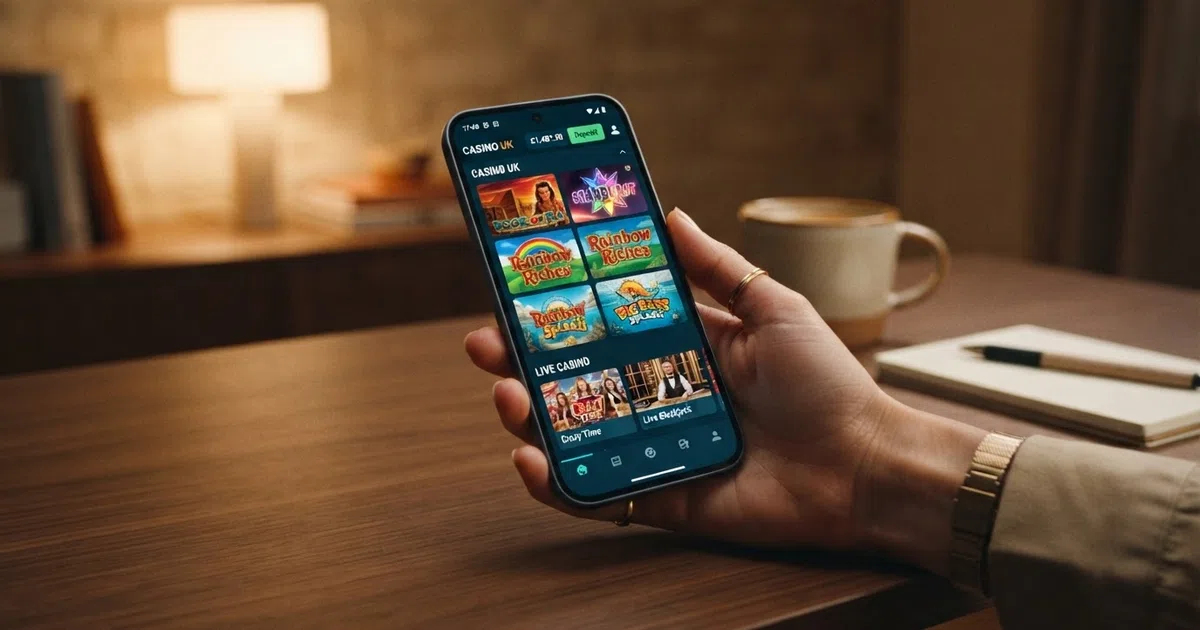 An Android smartphone held in landscape mode showing a UK-licensed casino game lobby with slot thumbnails, a live-dealer preview tile and an account balance in pounds sterling
