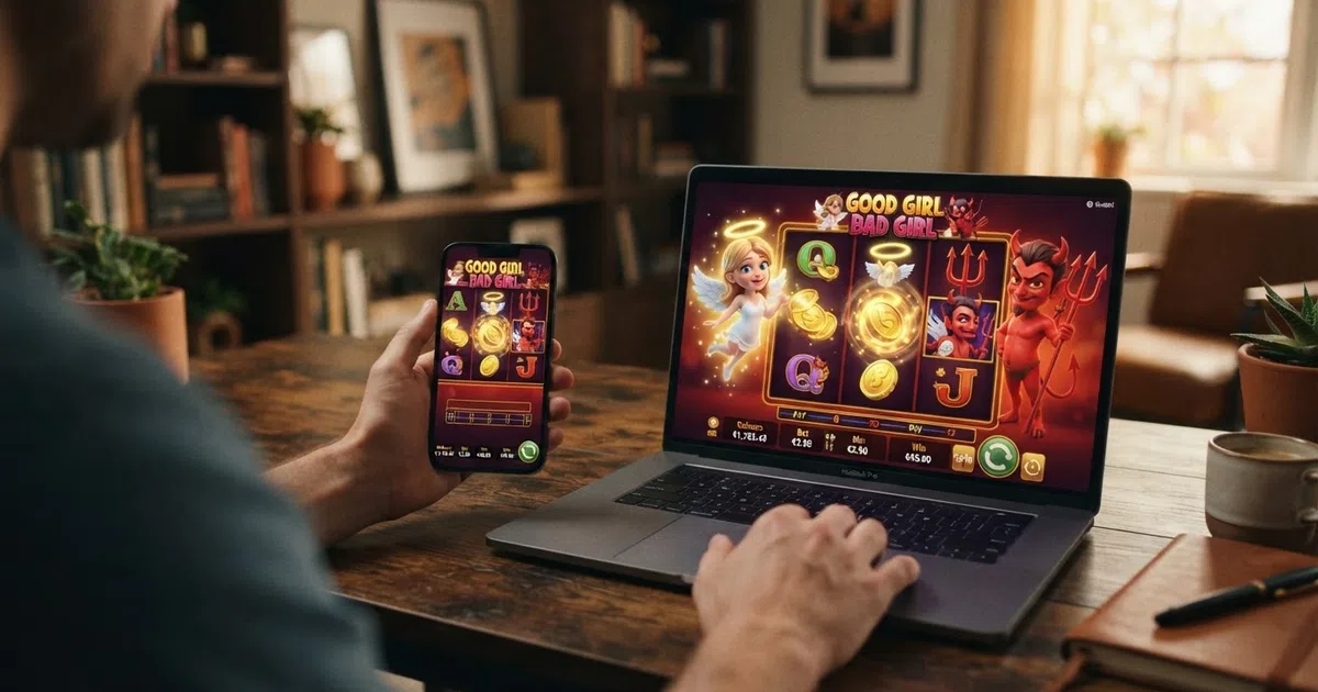A cinematic 3D slot reel from a Betsoft Slots3 title, brightly lit with animated characters mid-spin on a desktop and mobile screen side by side