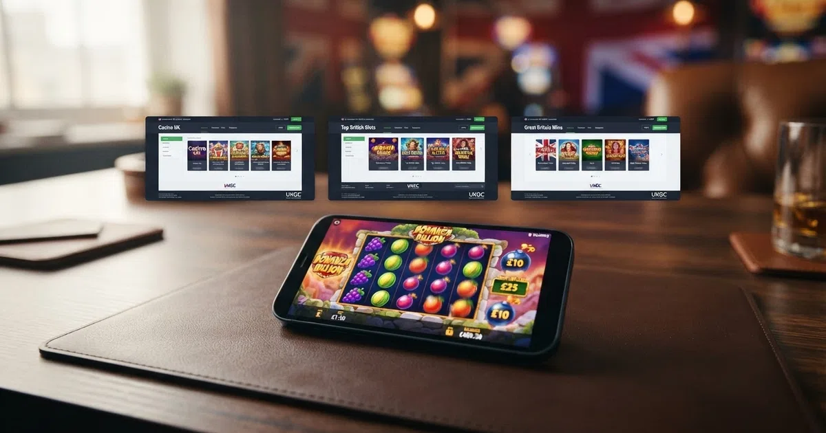 A row of UK online casino homepage thumbnails beside a grid of colourful BGaming slot reels, with the Gambling Commission logo visible on one casino footer