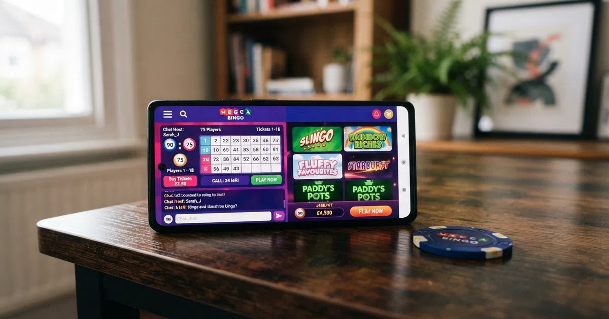 A grid of UKGC-licensed bingo casino welcome screens showing bingo rooms and slot lobbies side by side on desktop and mobile