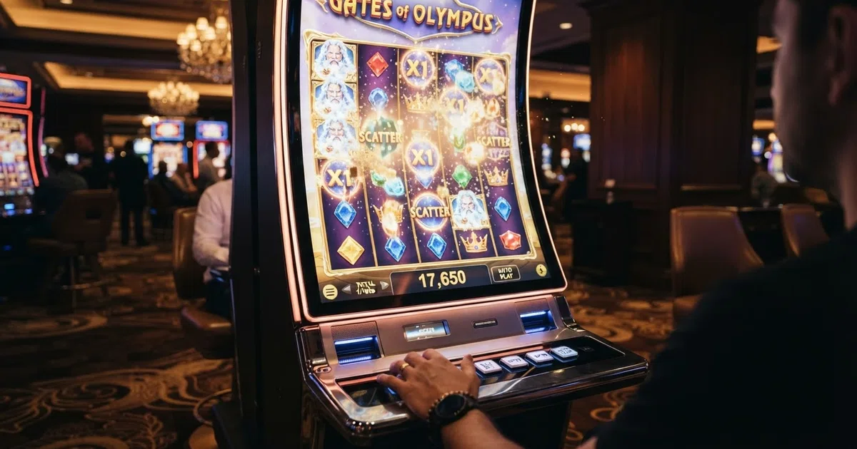 A row of colourful slot symbols tumbling down a grid against a dark casino-game background, with one winning combination glowing as symbols above it cascade into the empty spaces