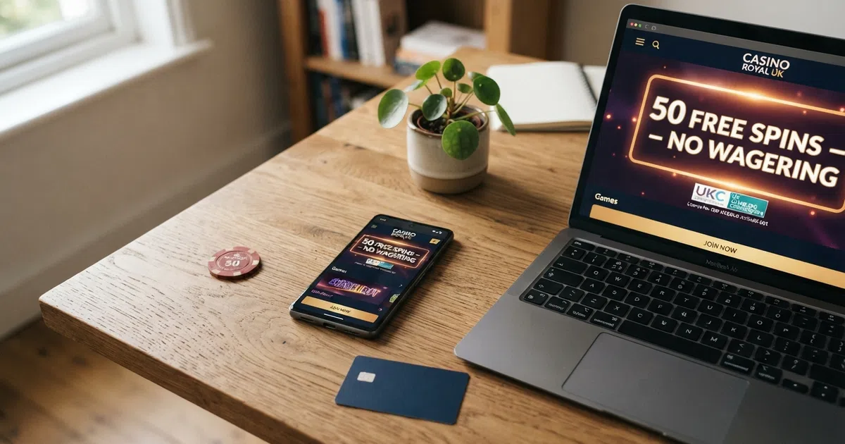 A UK-licensed online casino interface displayed on a desktop screen and a mobile phone side by side, showing a sign-up offer banner with free spins and the UKGC licence badge visible