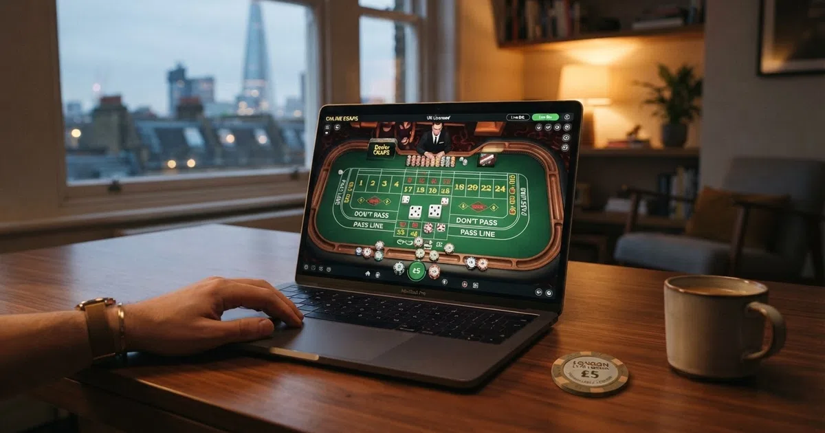 An online craps table with a digital betting layout on a laptop screen, showing the Pass Line and Don't Pass betting areas with UK casino branding visible