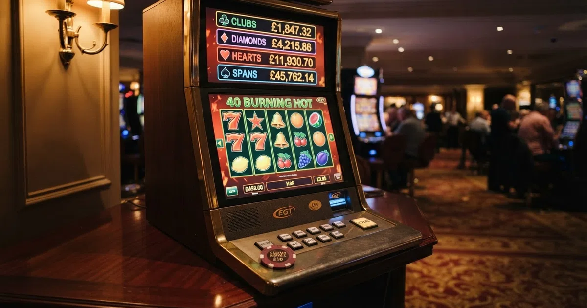 An EGT slot grid of fruit-symbol reels with the Amusnet logo and Jackpot Cards progressive overlay visible above the game screen