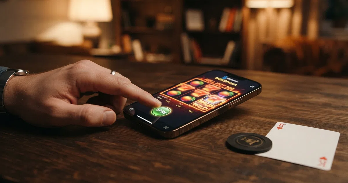 An Endorphina slot reel spinning on a smartphone held in a player's hand, with colourful game art visible on the screen
