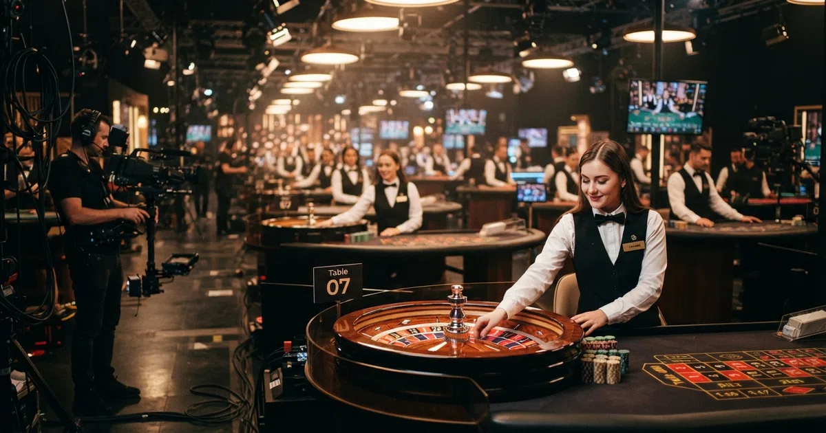 A wide shot of an Evolution Gaming live-dealer studio floor with multiple roulette and blackjack tables, dealers in formal attire, and camera rigs suspended above each table