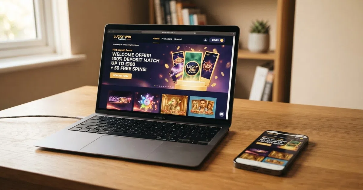 A UK online casino welcome screen showing a first deposit bonus banner with a deposit match percentage and a free-spin counter, displayed on a laptop beside a smartphone