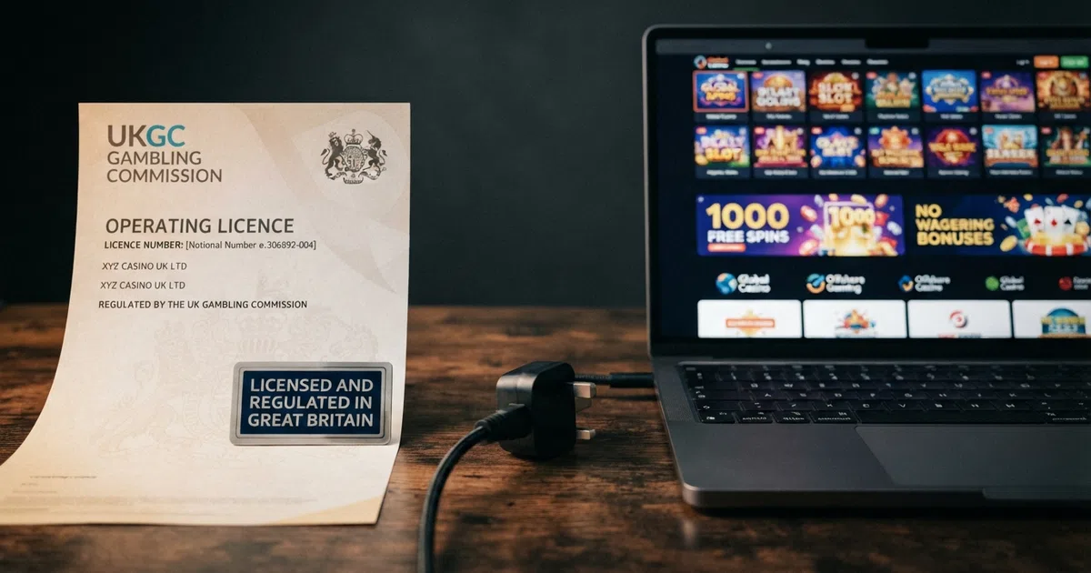A split-screen composition: a UKGC licence document and regulatory badge on the left, and a row of offshore casino homepages on the right, with a UK plug icon in the centre connecting to both sides