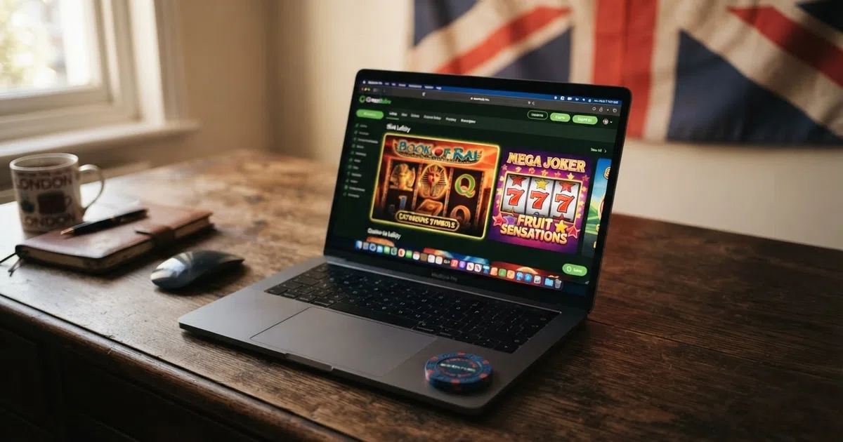 A browser window showing a Greentube slot game lobby with Book of Ra Deluxe and Sizzling Hot Deluxe tiles visible, overlaid on a UK flag or Union Jack colour wash