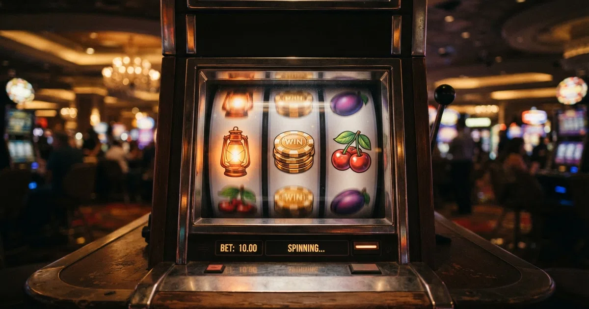 A row of online slot reels showing fruit, coin and lantern symbols against a dark casino backdrop.
