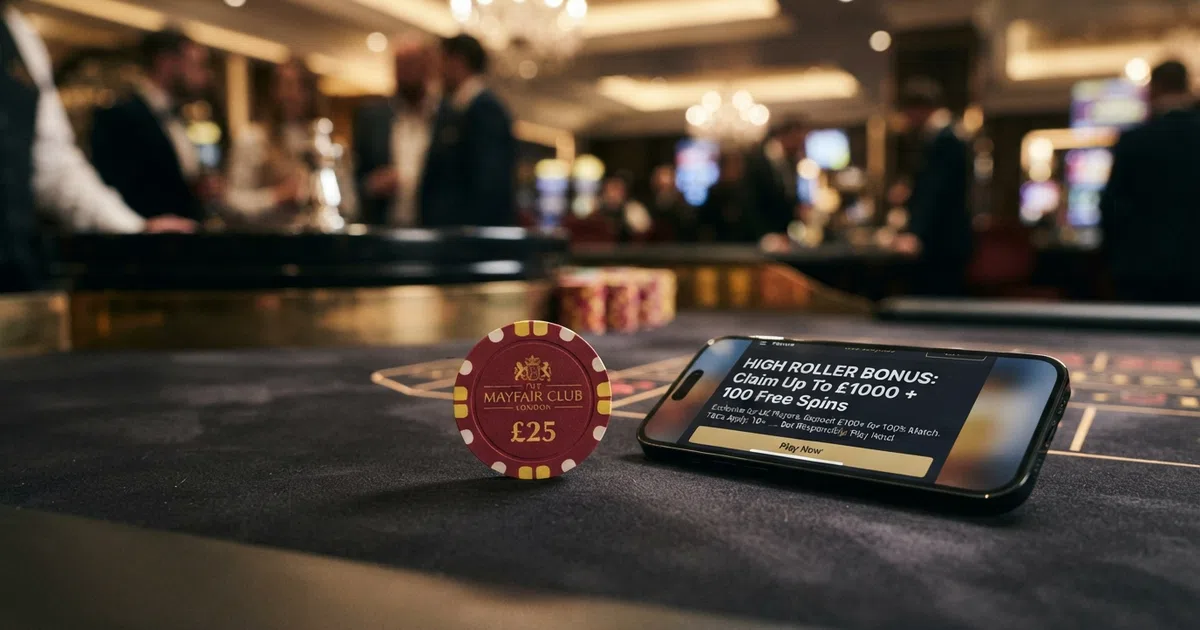 A poker chip on a black felt table next to a mobile phone displaying a casino bonus screen, with the UKGC logo visible on the phone