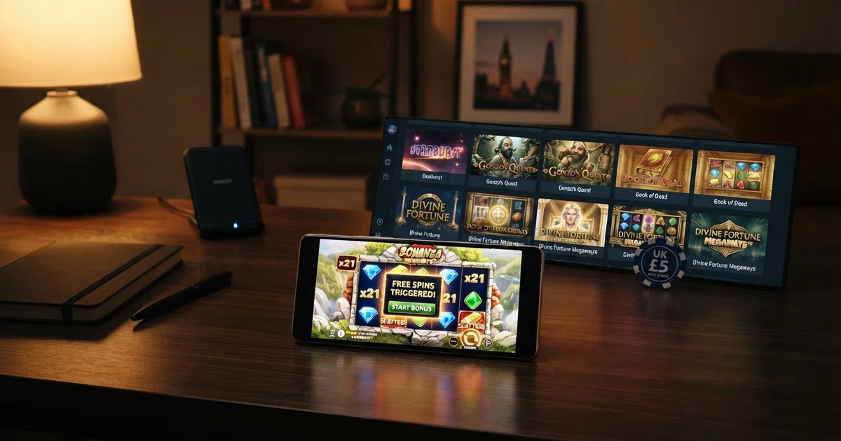 A grid of colourful online slot game tiles — reel symbols, bonus-round splash screens and a smartphone displaying a spinning reel — arranged across a dark casino-lobby background