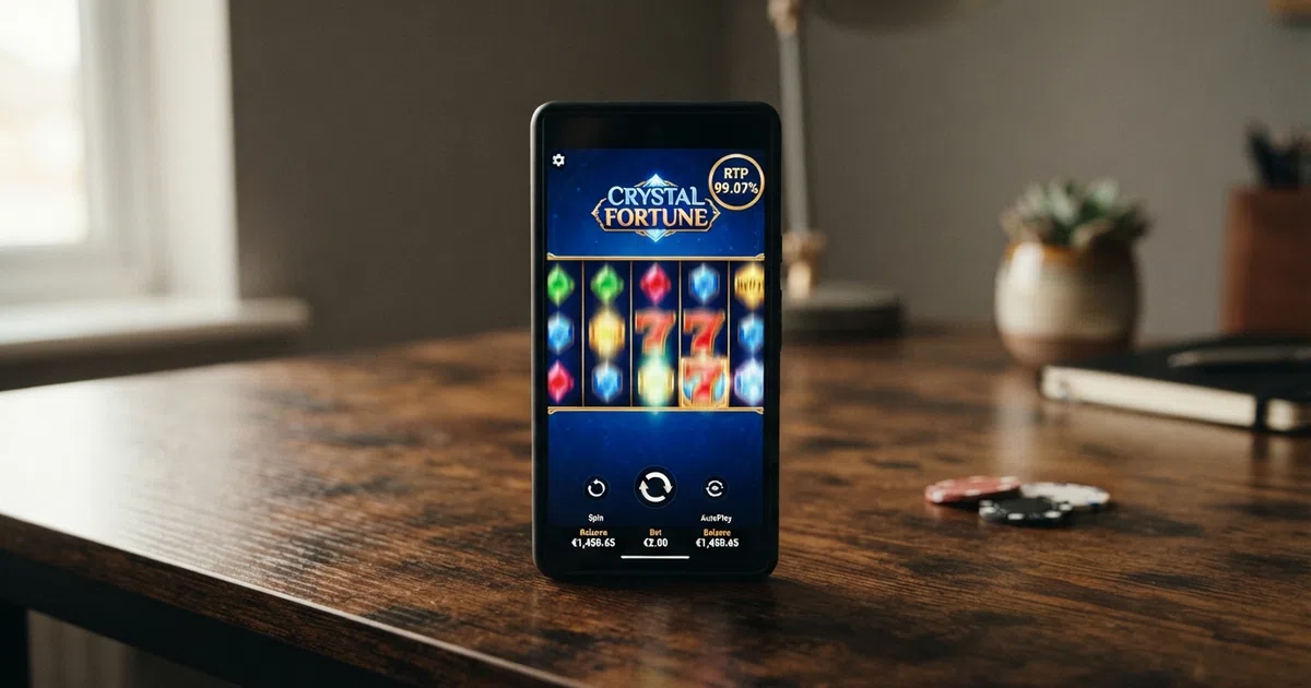 A row of colourful online slot game reels on screen, with an RTP percentage badge visible in the corner of one game tile
