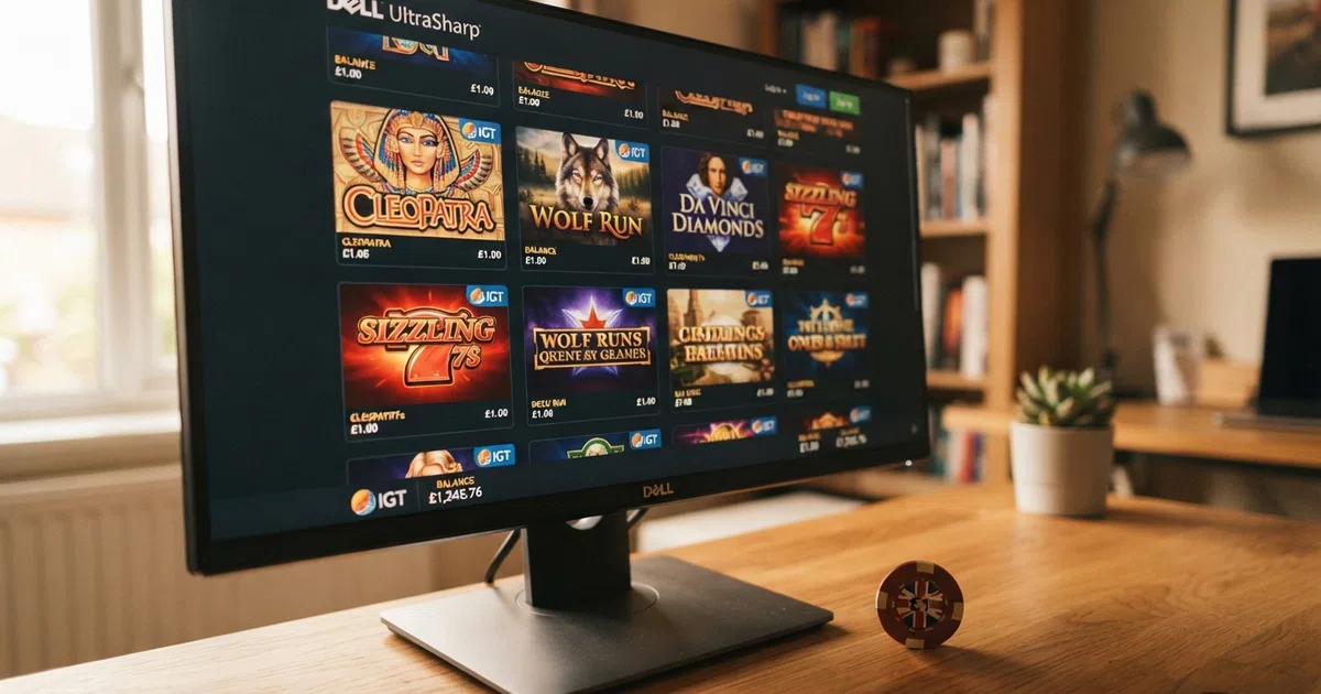 An IGT slot game lobby displayed on a desktop screen, showing a row of IGT-branded slot title cards with their cover art and provider badges
