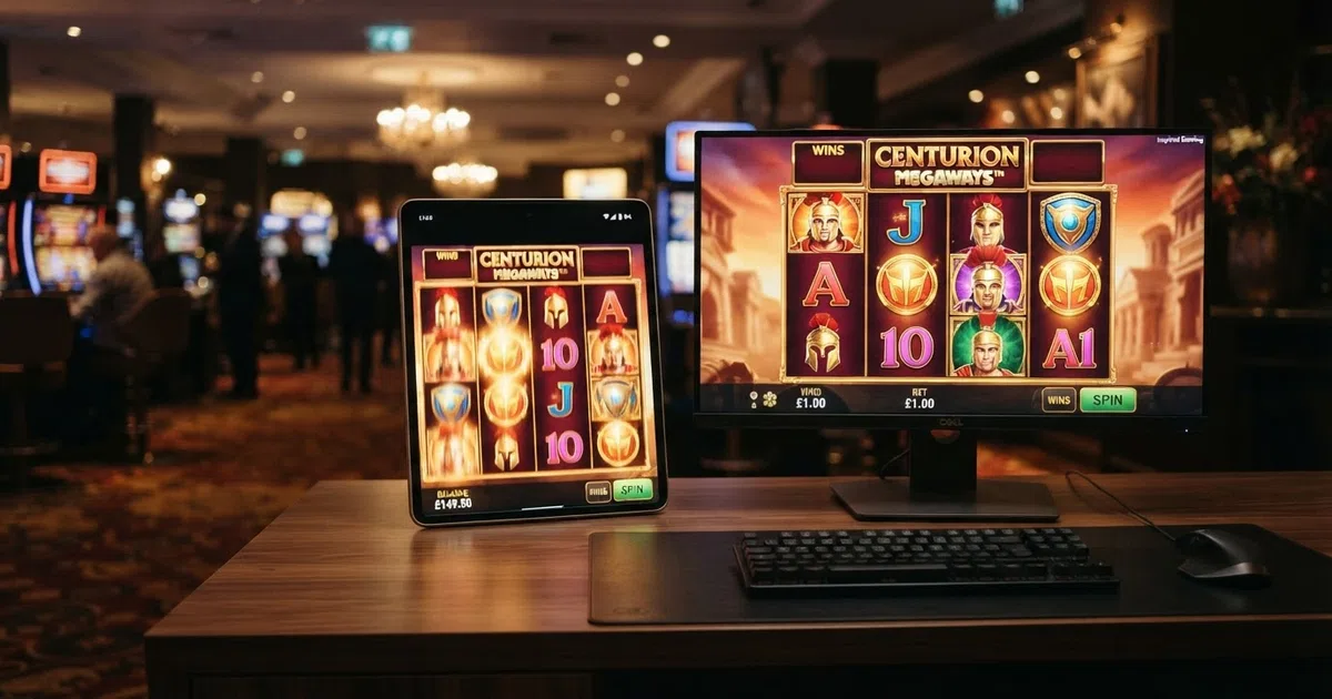 Inspired Gaming slot reels displayed on a desktop and mobile screen side by side, with a UK casino lobby visible in the background