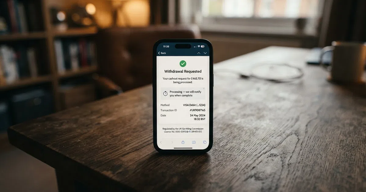 A smartphone screen showing a casino cashout confirmation page with a prominent “Withdrawal Requested” status, a timer icon, and the message “processing — we will notify you when complete”