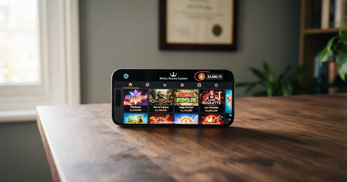 A smartphone showing a casino game lobby beside a UK Gambling Commission licence badge and a globe icon
