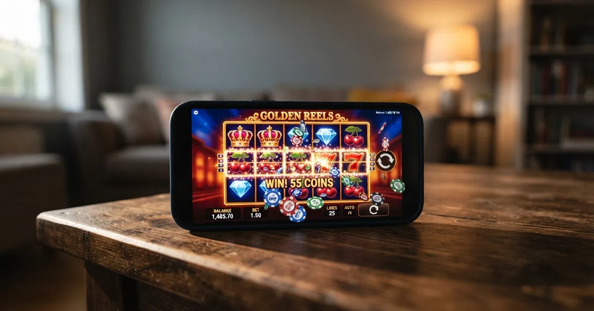 A row of colourful online slot reels on a smartphone screen, with small coin-win animations lighting up several paylines simultaneously